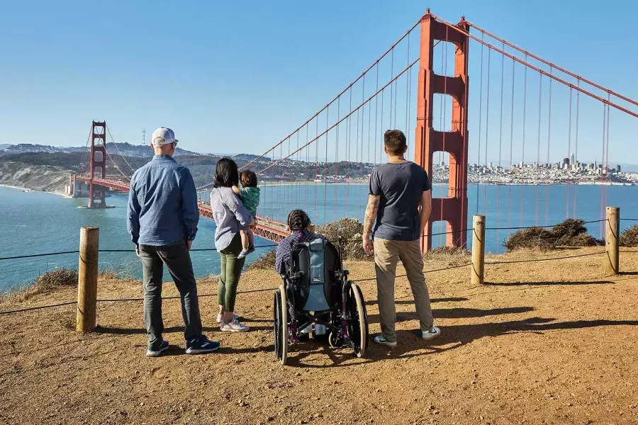 車椅子に乗った人を含む一団が、マリン・ヘッドランズからGolden Gate Bridgeを後ろから眺めている様子。