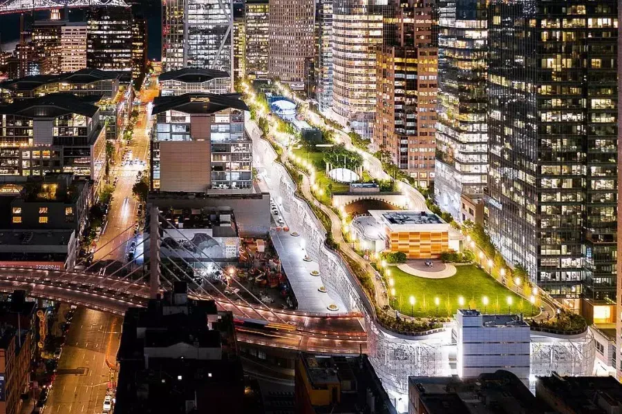 San Francisco's Salesforce Park lit up at night.